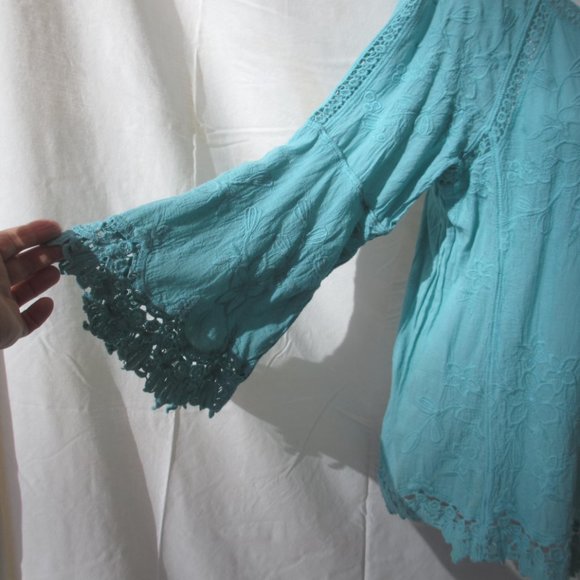 Tunic Top Blouse Size L LARGE Gauzy Cotton Crochet Hem Embroidered - Picture 4 of 12